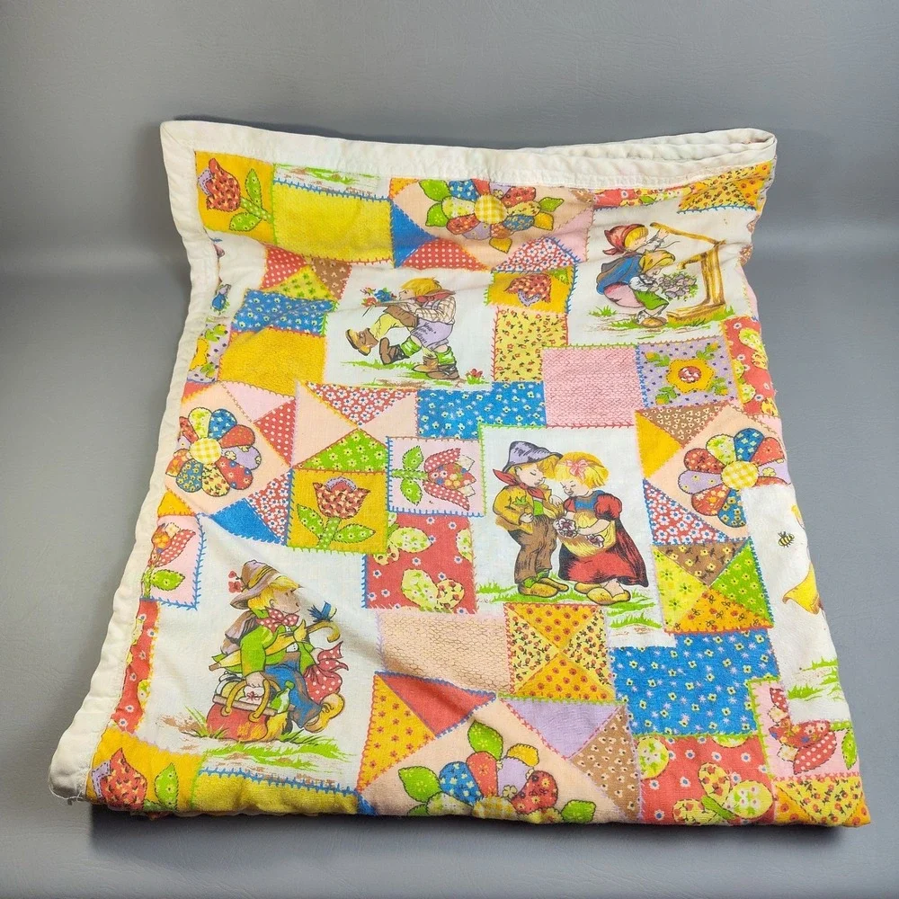 Vintage 1970s Hollie Hobbie Style Patchwork Quilt Blanket Handmade 52x44 Retro